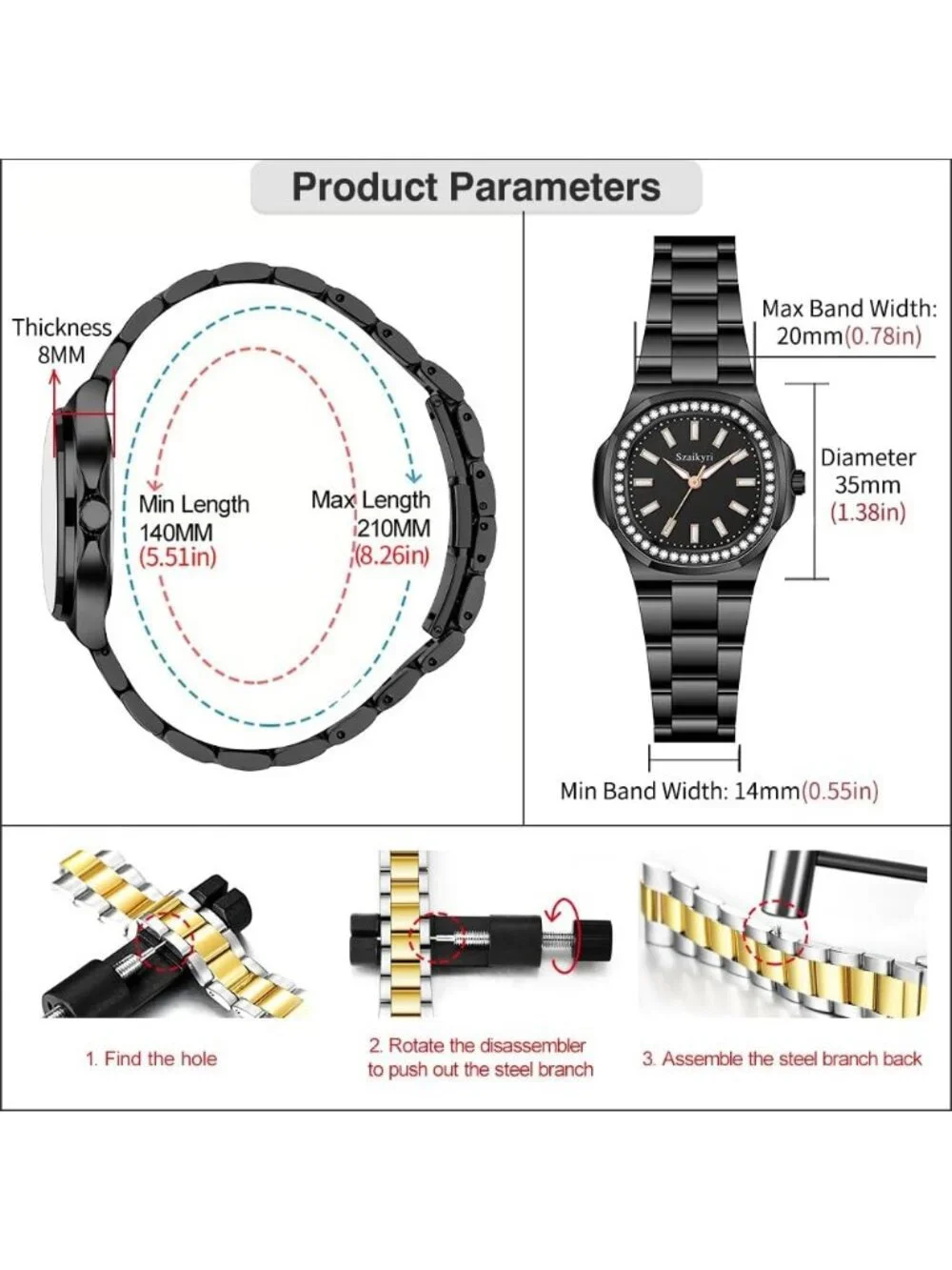 Women's Black Crystal Accented Solid Stainless Steel Band Dress Wrist Watch